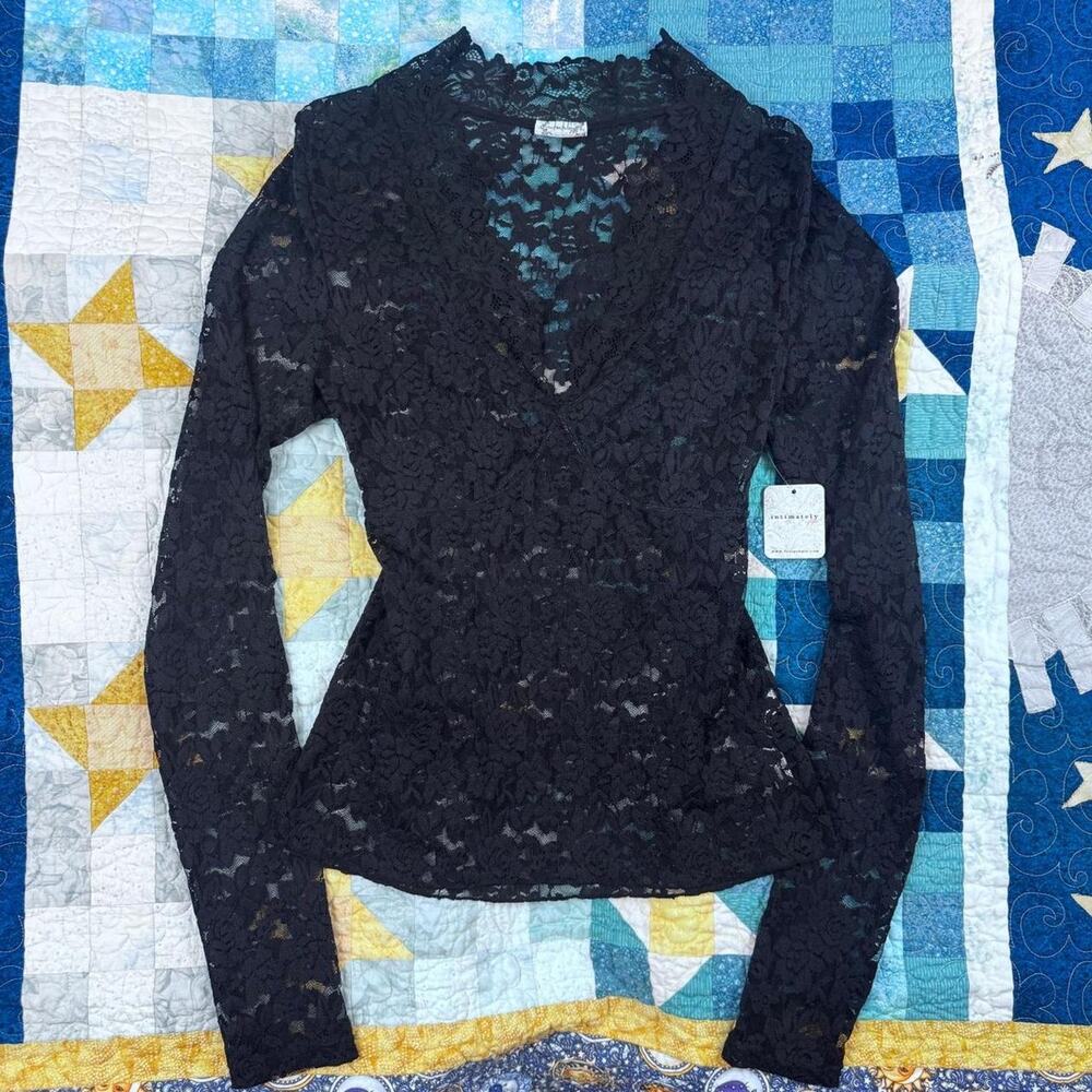 Free People NWT Black Floral Lace Long Sleeve V-neck Blouse
